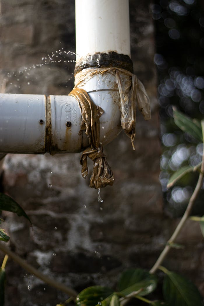 Close-up of a leaking plastic pipe outdoors with water dripping, showing wear and tear.